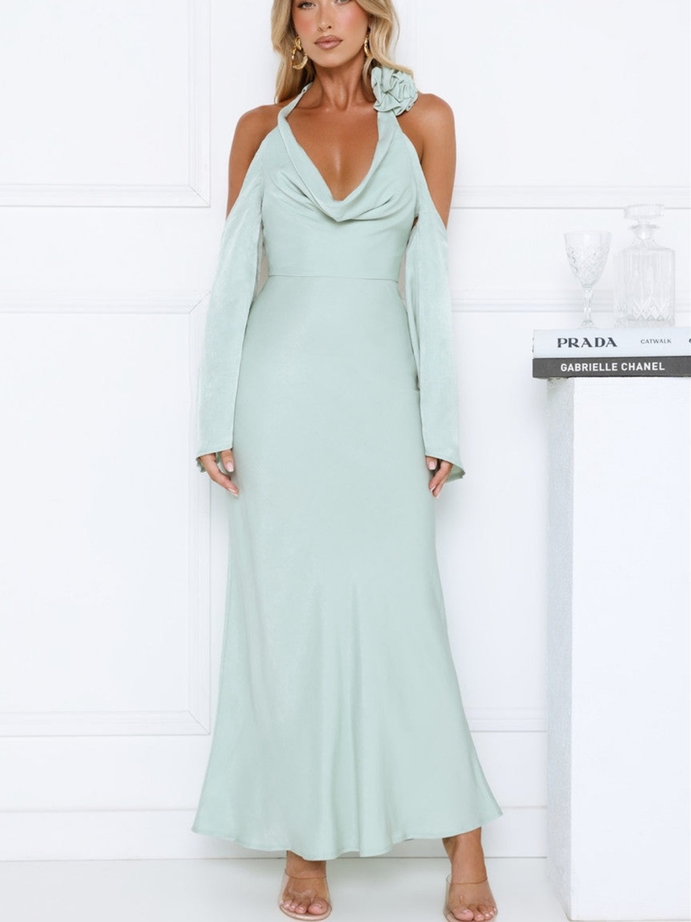 Draped Cowl Neck Maxi Dress in Mint with Shoulder Rosette